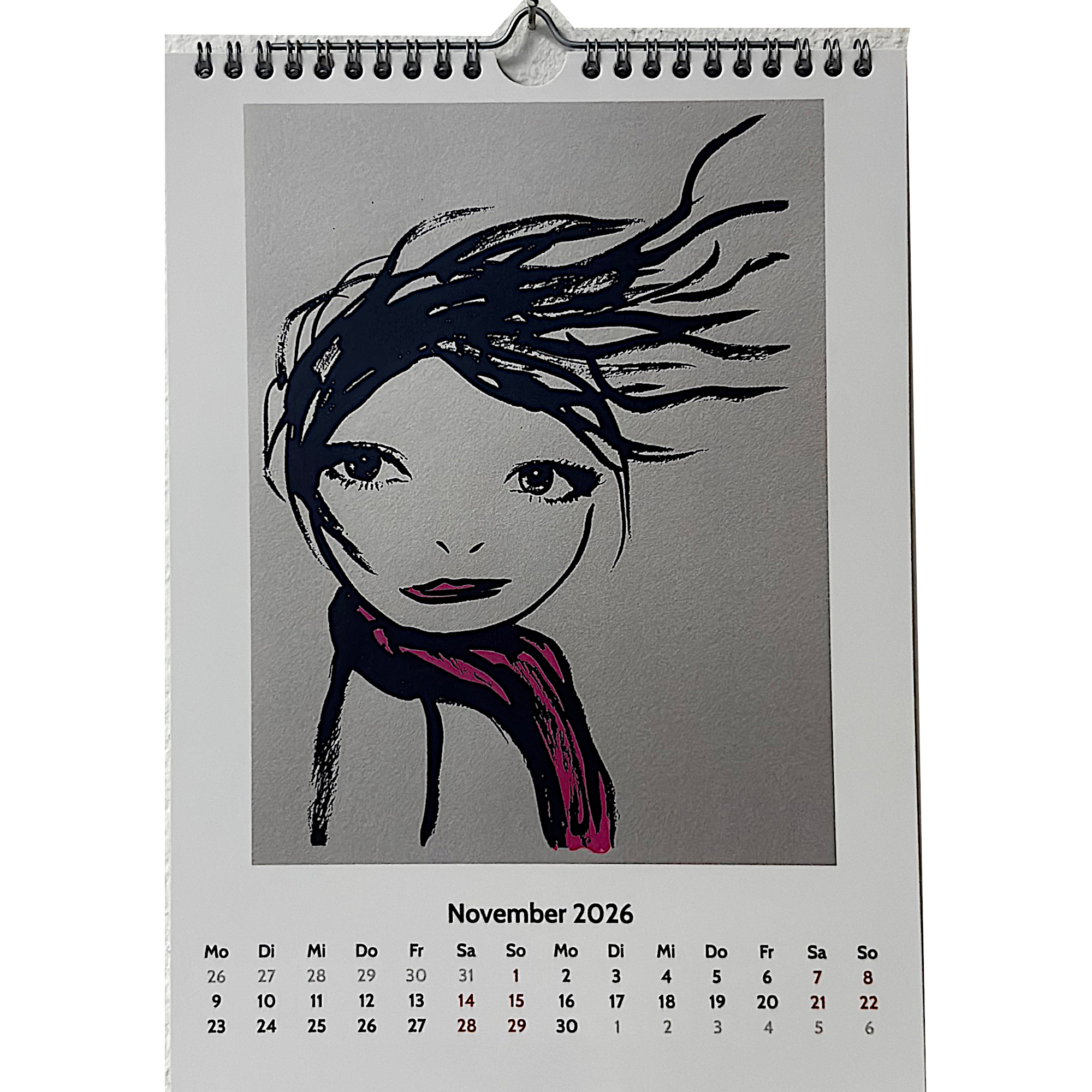 Kalenderblatt November, wehende Haare - ein Augenmädchen Siebdruck